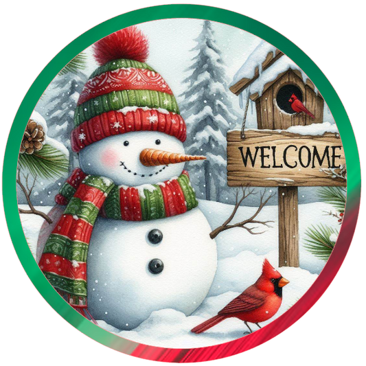 Christmas-themed scene with a snowman, cardinal, and 'Welcome' sign.