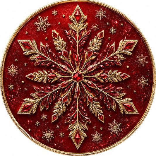 Round metal wreath sign with a red and gold jewel snowflake by Monkey's Creations. 