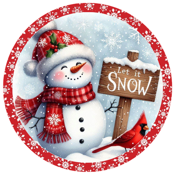 Snowman holding a 'No Snow' sign with a cardinal bird on a white background.