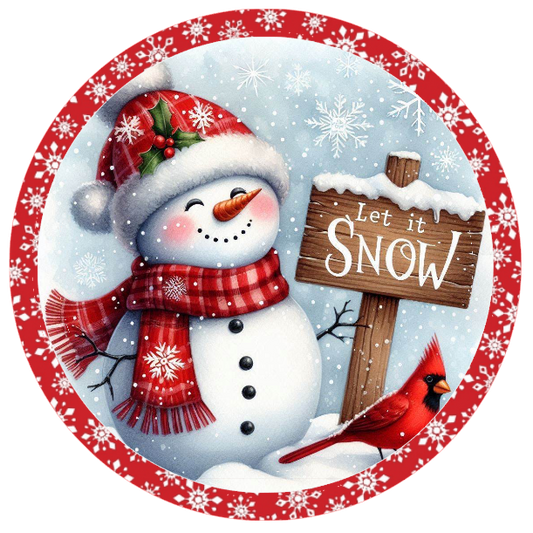 Snowman holding a 'No Snow' sign with a cardinal bird on a white background.