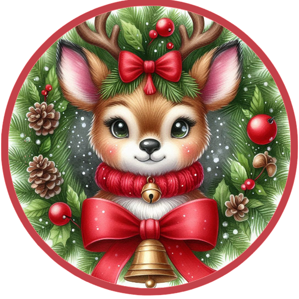 Reindeer wearing a red bow and bell, surrounded by greenery and berries.