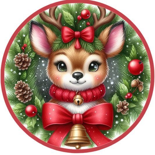 Reindeer wearing a red bow and bell, surrounded by greenery and berries.