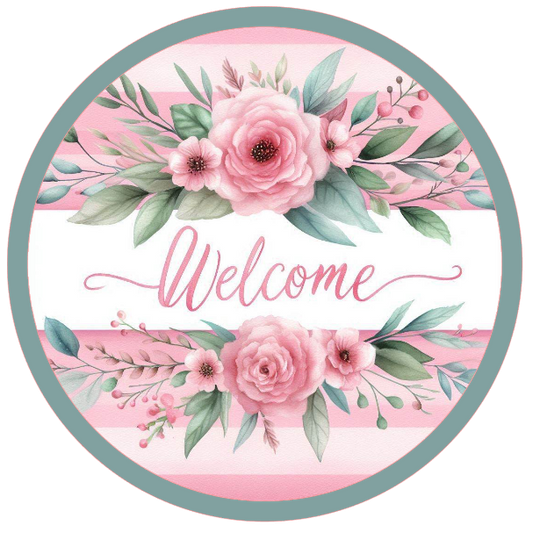Roses and 'Welcome' text sign