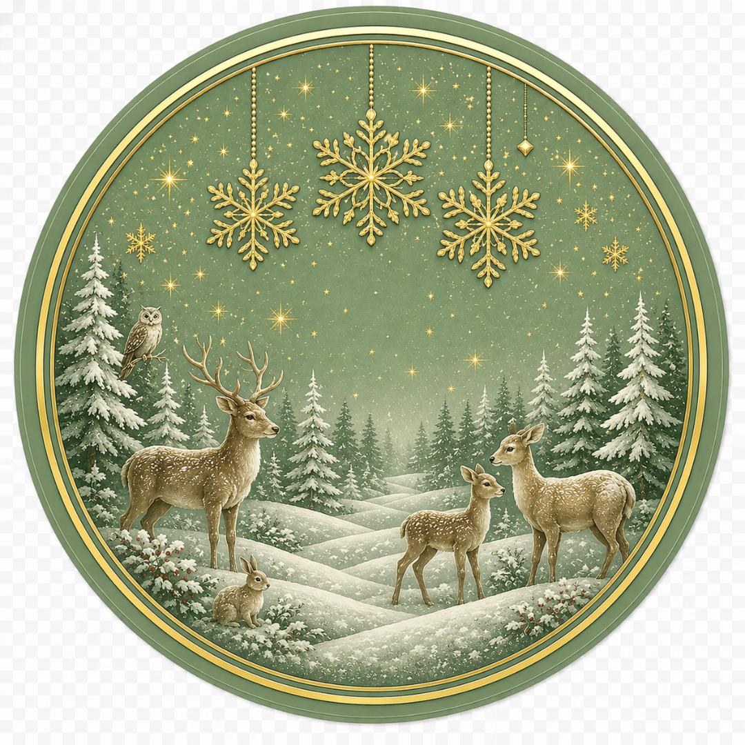 Round metal wreath sign featuring a sage green snowy winter scene with deer and gold snowflakes by Monkey's Creations.