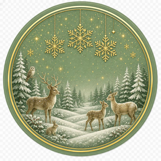 Round metal wreath sign featuring a sage green snowy winter scene with deer and gold snowflakes by Monkey's Creations.