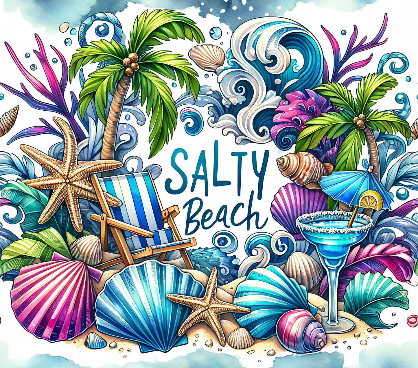 Rectangle beach and ocean themed tropical metal wreath sign with the text "salty beach" by Monkey's Creations. 