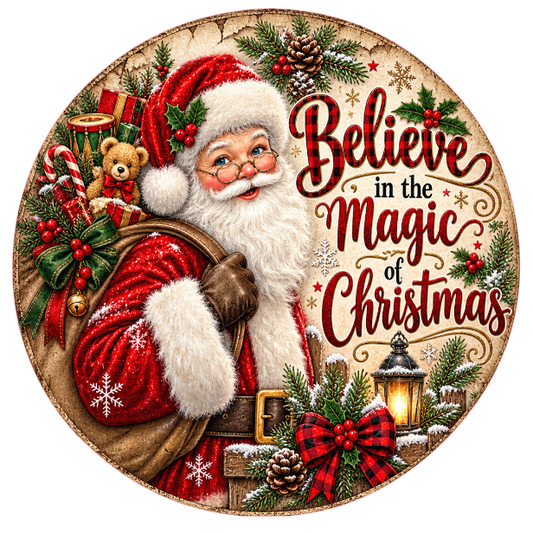 Round metal wreath sign featuring Santa Claus with Christmas elements and the text "believe in the magic of Christmas" by Monkey's Creations.