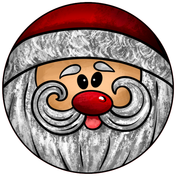 Cartoon santa face with a red hat, white beard, and red nose on a white background