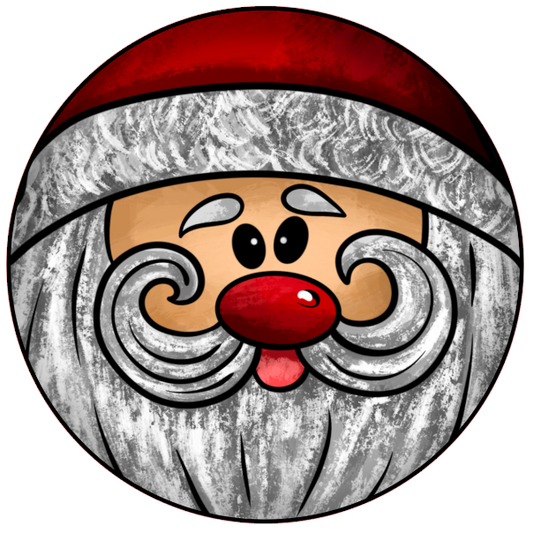 Cartoon santa face with a red hat, white beard, and red nose on a white background