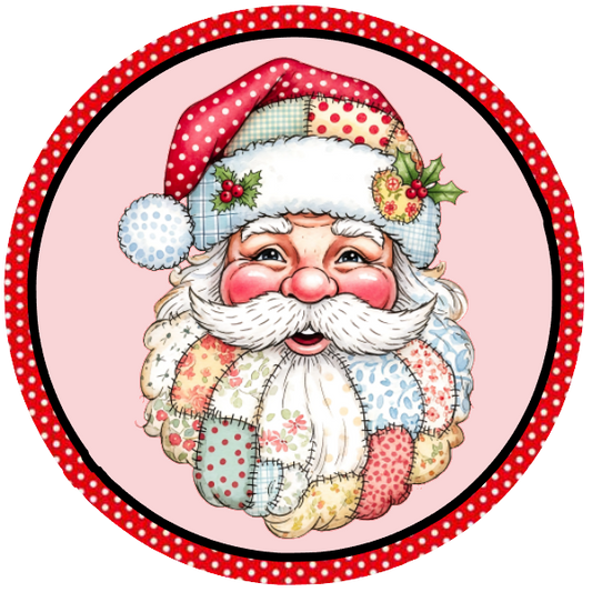 Illustration of a vintage-style Santa Claus on a pink background with a red border.