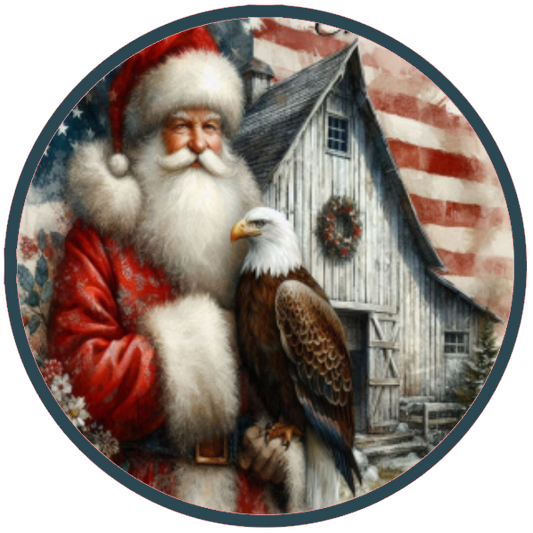 Circular image of Santa Claus with an eagle and a barn in the background, featuring an American flag.
