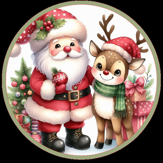 Round metal wreath sign with a classic Santa and a Rudolph inspired reindeer by Monkey's Creations. 
