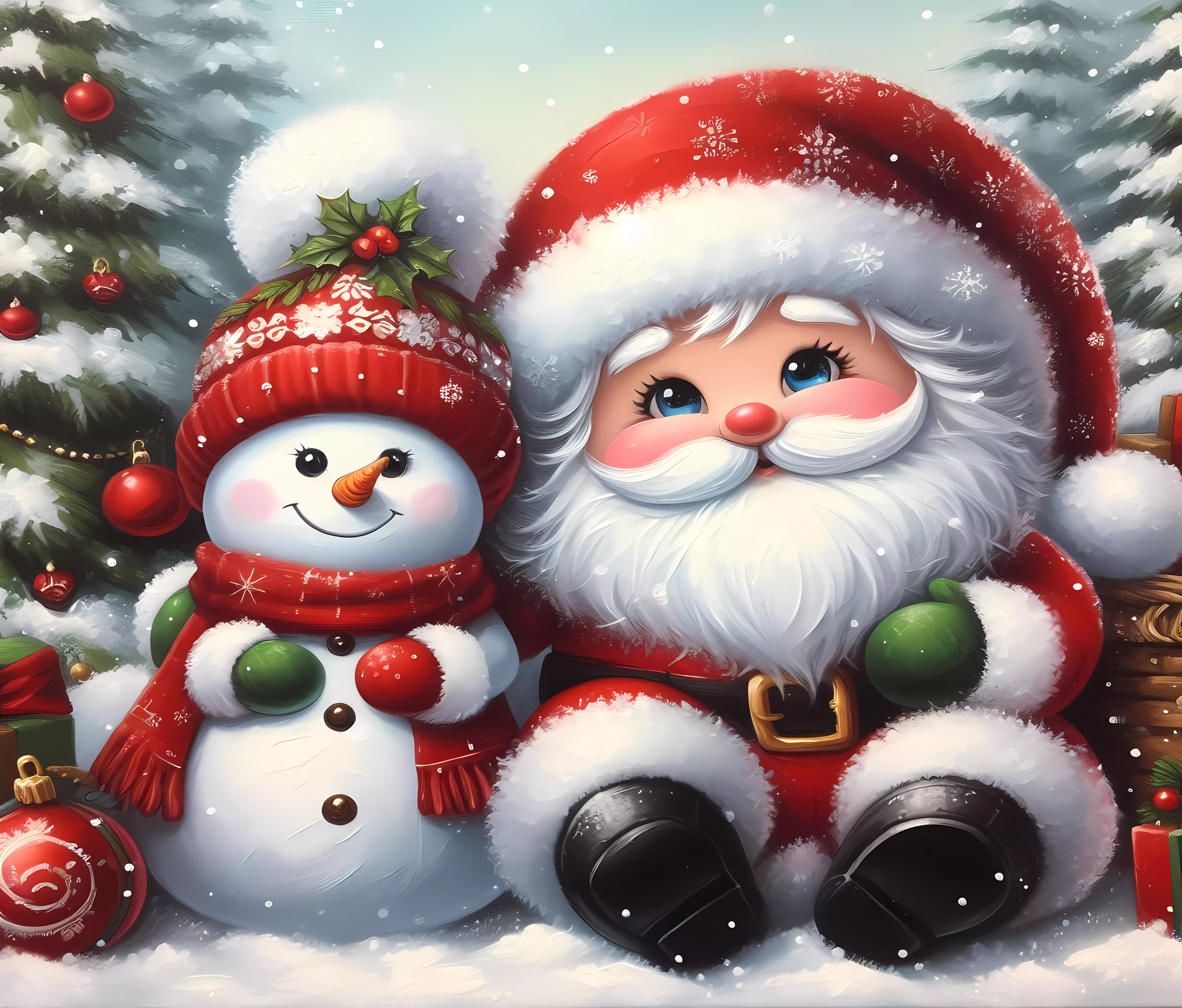 Illustration of Santa Claus and a snowman in a festive setting with Christmas decorations.