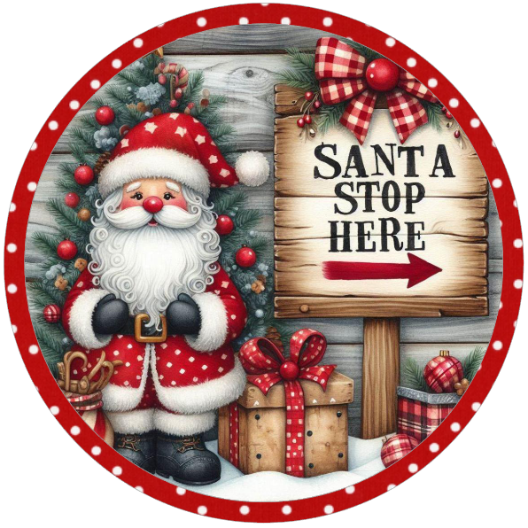 Christmas-themed design with Santa Claus, presents, and a 'Santa Stop Here' sign.