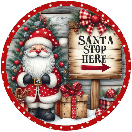Christmas-themed design with Santa Claus, presents, and a 'Santa Stop Here' sign.