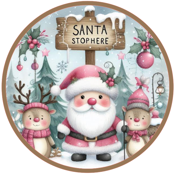 Circular design with Santa Claus, two reindeer, and a 'Santa Stop Here' sign on a white background.
