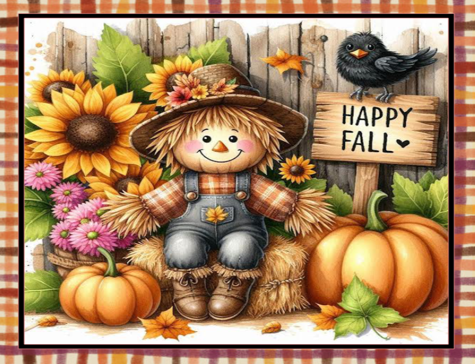 Autumn-theme scarecrow, pumpkins, and 'Happy Fall' sign 