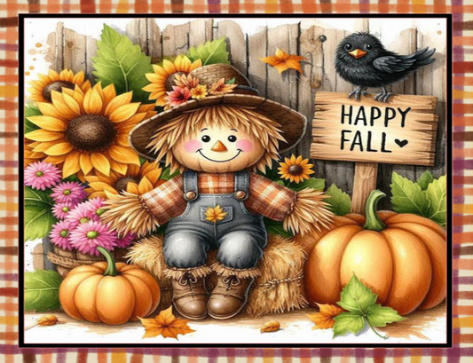 Autumn-theme scarecrow, pumpkins, and 'Happy Fall' sign 