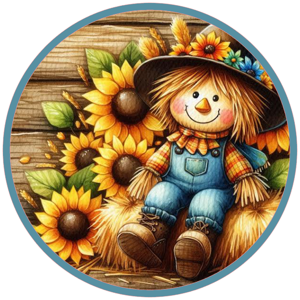 Scarecrow surrounded by sunflowers 