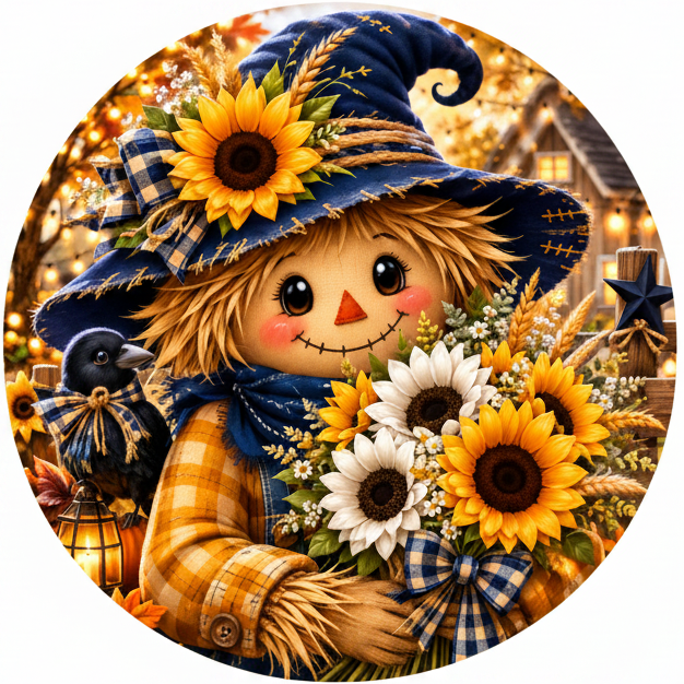 Round metal wreath sign with a scarecrow carrying a bouquet of sunflowers by Monkey's Creations. 