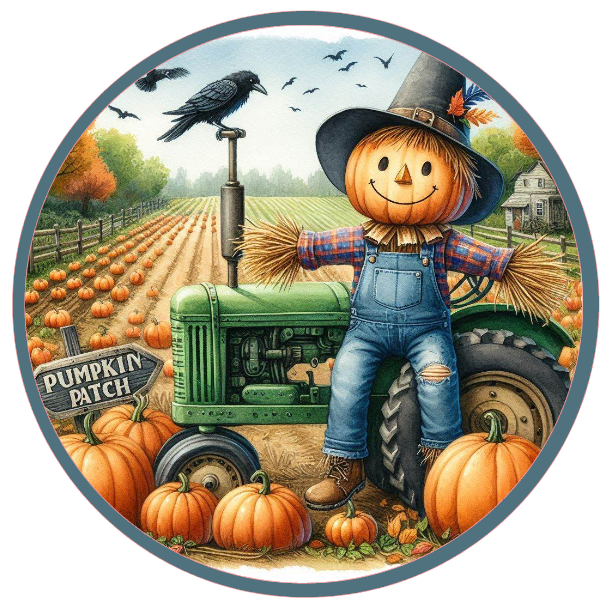 Scarecrow with pumpkins and a truck in a field