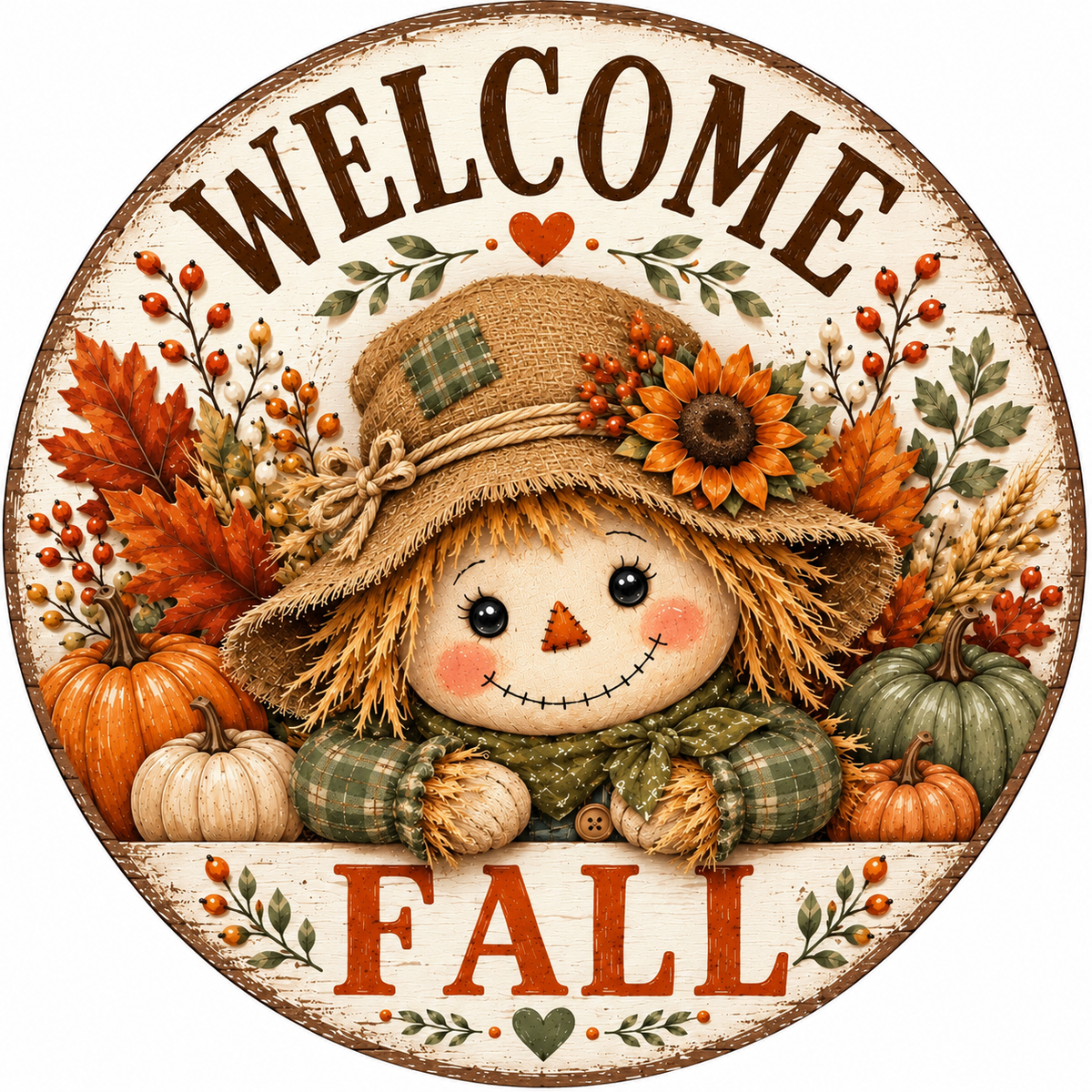 Round metal wreath sign featuring a scarecrow with Autumn foliage and multicolored pumpkins and the text "welcome fall" y Monkey's Creations. 