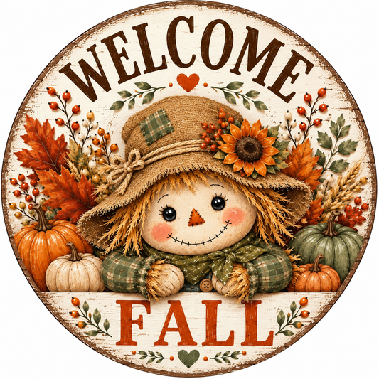 Round metal wreath sign featuring a scarecrow with Autumn foliage and multicolored pumpkins and the text "welcome fall" y Monkey's Creations. 