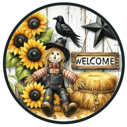 Scarecrow, sunflowers, and 'Welcome' sign