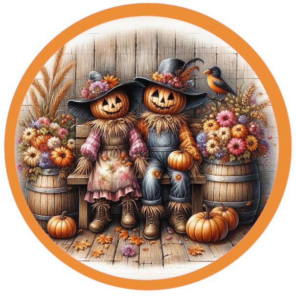 Round metal wreath sign with a scarecrow couple on a bench surrounded by flowers and autumn elements by Monkey's Creations.