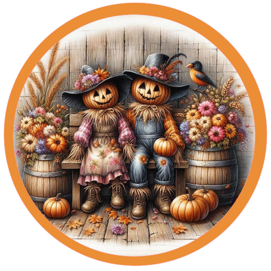Round metal wreath sign with a scarecrow couple on a bench surrounded by flowers and autumn elements by Monkey's Creations.