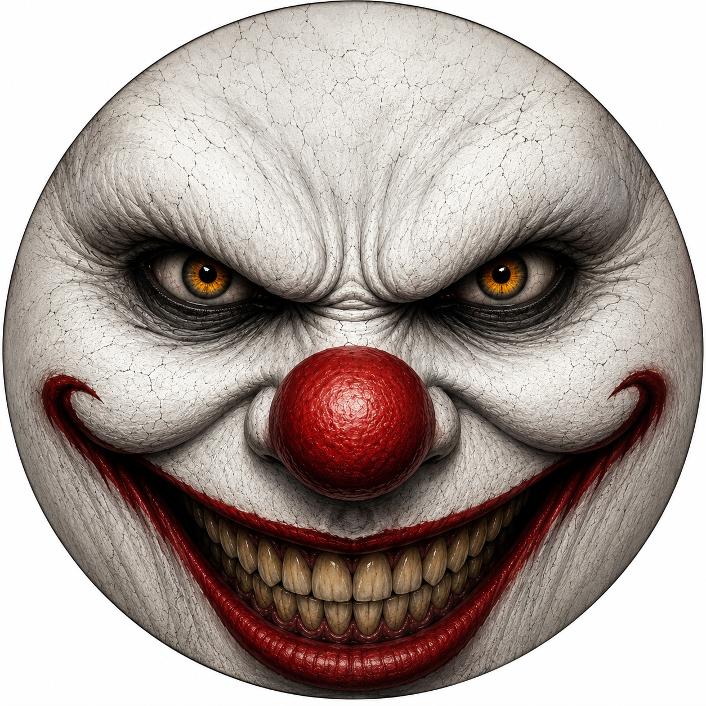 Round metal wreath sign featuring a scary clown character face with a sinister smile by Monkey's Creations. 