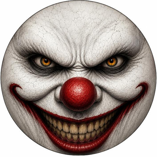 Round metal wreath sign featuring a scary clown character face with a sinister smile by Monkey's Creations. 