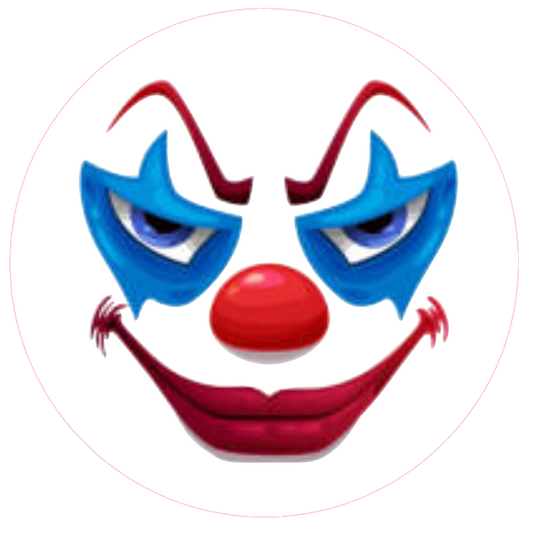 Scary clown face with blue eyes and red nose 