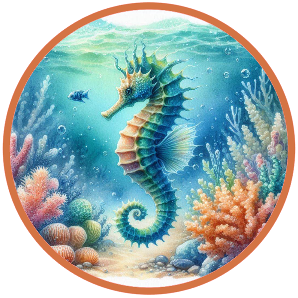 Seahorse in an underwater scene with coral and fish.