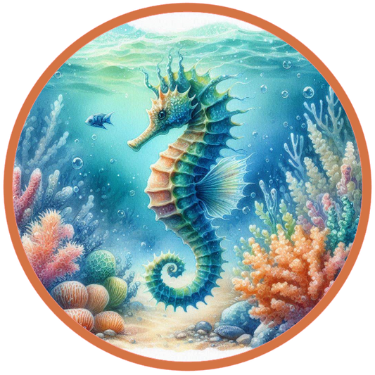 Seahorse in an underwater scene with coral and fish.