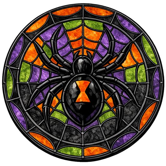 Stained glass design of a spider on a web with orange, green, purple and black colors.