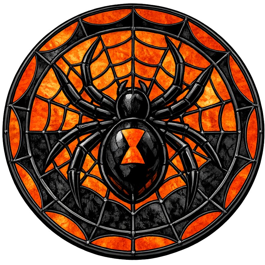 Stained glass design of a spider on a web with orange and black colors.