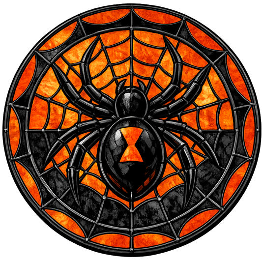 Stained glass design of a spider on a web with orange and black colors.