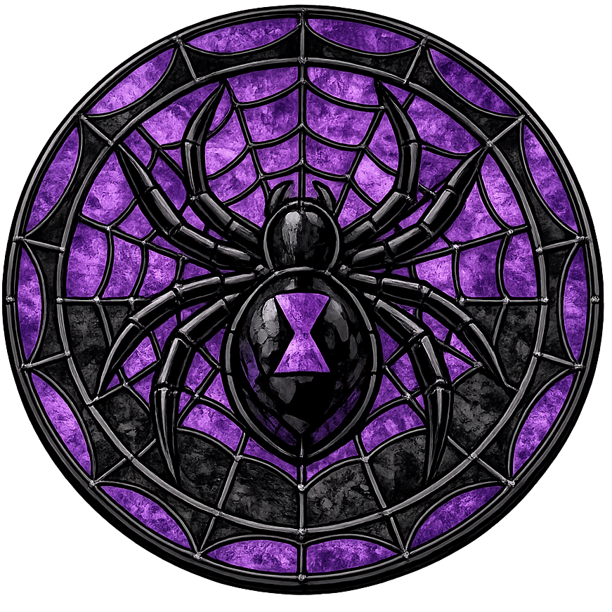 Stained glass design of a spider on a web with purple and black colors.