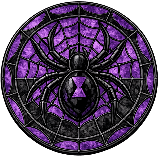 Stained glass design of a spider on a web with purple and black colors.