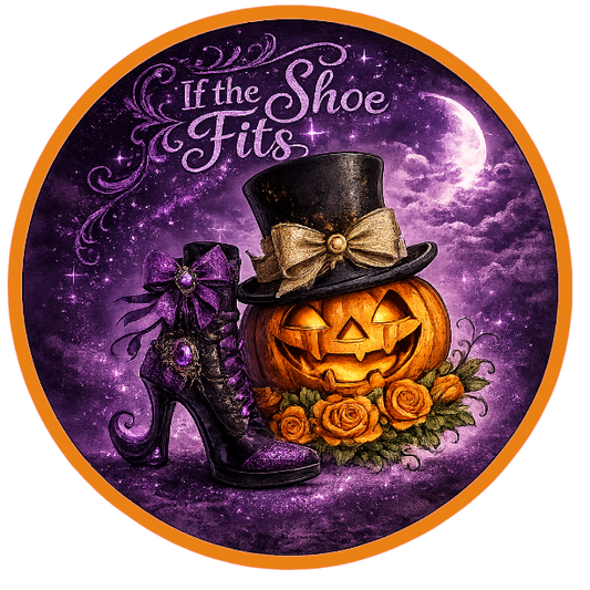 Round metal wreath sign featuring a Halloween jack o lantern and a purple and black witch boot with text 'If the Shoe Fits' by Monkey's Creations.