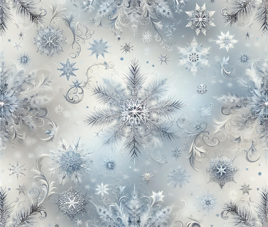 Pattern of snowflakes and decorative elements on a light blue background