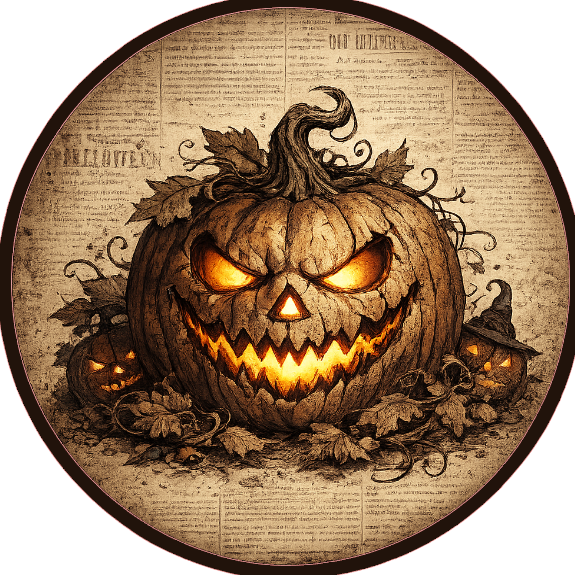 Round Halloween themed metal wreath sign with a vintage-style pumpkin with glowing eyes by Monkey's Creations. 