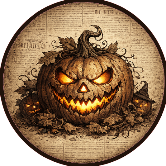 Round Halloween themed metal wreath sign with a vintage-style pumpkin with glowing eyes by Monkey's Creations. 