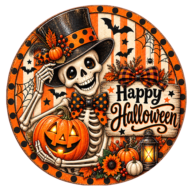 Orange themed round metal wreath sign featuring a skeleton with a jack o lantern, bats and fall elements with stripes and polka dots with the text "happy halloween" by Monkey's Creations. 
