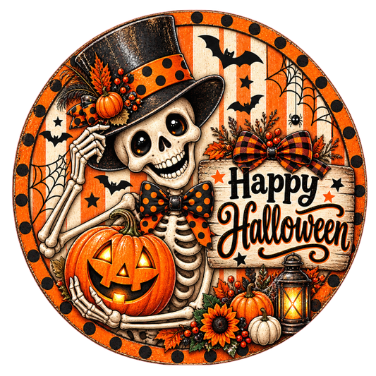 Orange themed round metal wreath sign featuring a skeleton with a jack o lantern, bats and fall elements with stripes and polka dots with the text "happy halloween" by Monkey's Creations. 