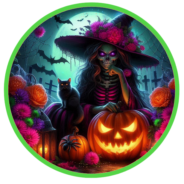 Halloween witch, pumpkin, and cat 