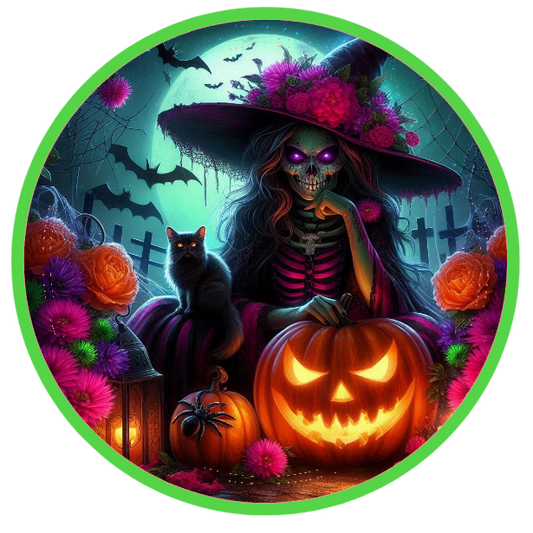 Halloween witch, pumpkin, and cat 