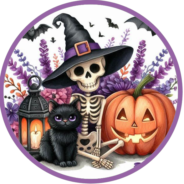 Halloween themed skeleton, black cat, and pumpkin 