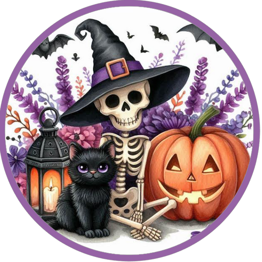 Halloween themed skeleton, black cat, and pumpkin 